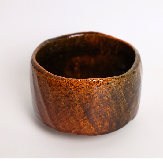 Raku Style Chawan – Vintage Japanese Handcrafted Amber Iron-Glazed Ceramic Matcha Bowl with Wooden Collector's Box