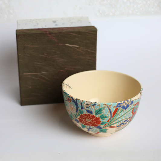 Shozan Matcha Bowl – Japanese Tea Ceremony Chawan | Kutani-Style Porcelain | Hand-Painted Floral & Fan Motifs | Japanese Tea Ceremony Ware | Handcrafted Pottery with Wooden Box