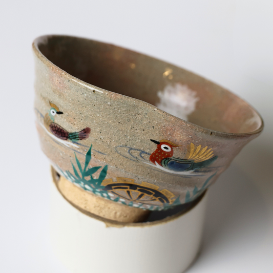 Japanese Matcha Bowl – Oshidori & Waterwheel Design | Handcrafted Chawan for Tea Ceremony | Gold-Accent Pottery with Wooden Box