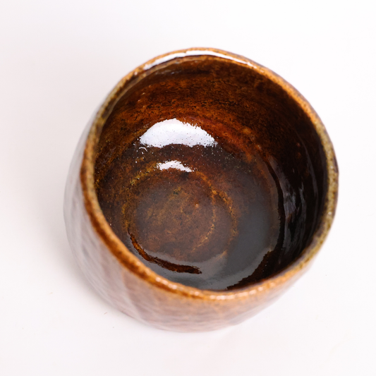 Raku Style Chawan – Vintage Japanese Handcrafted Amber Iron-Glazed Ceramic Matcha Bowl with Wooden Collector's Box