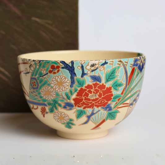 Shozan Matcha Bowl – Japanese Tea Ceremony Chawan | Kutani-Style Porcelain | Hand-Painted Floral & Fan Motifs | Japanese Tea Ceremony Ware | Handcrafted Pottery with Wooden Box