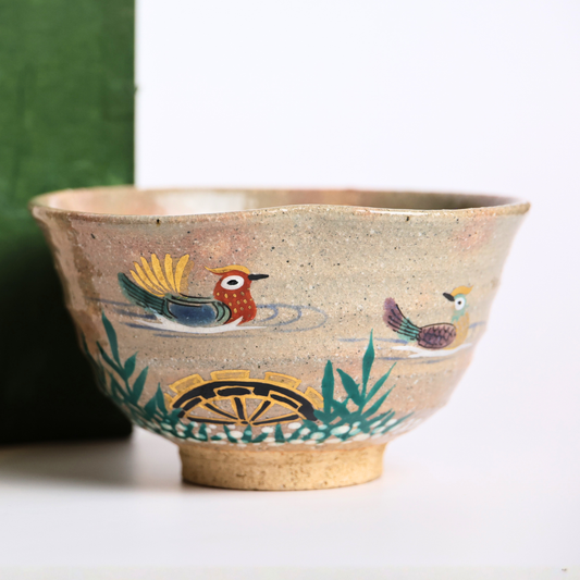 Japanese Matcha Bowl – Oshidori & Waterwheel Design | Handcrafted Chawan for Tea Ceremony | Gold-Accent Pottery with Wooden Box